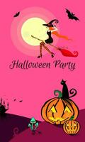 Jeune magnifique sorcière dans une noir serré robe, chapeau et bas mouches sur une manche à balai pour une Halloween faire la fête. adapté pour Halloween fête faire-part, dépliants, affiches vecteur