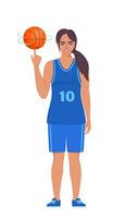 content femme basketball joueur dans uniforme avec Balle isolé sur blanc Contexte. vecteur illustration.