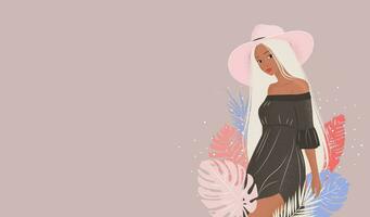 vecteur horizontal bannière. mignonne illustration de une femme dans une robe et une chapeau. longue tout droit blanc cheveux. la toile affiche, couverture avec blond et tropical feuilles pour vente, social médias, publicité, présentation.