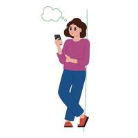 portrait de femme penché contre le mur et Regardez à le sa téléphone vecteur illustration