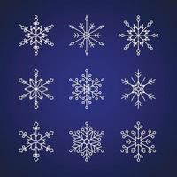 9 flocons de neige plat style design vector illustration jeu d'icônes signes isolés sur fond dégradé bleu foncé. symboles et éléments de vacances, noël, nouvel an et hiver