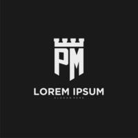 initiales pm logo monogramme avec bouclier et forteresse conception vecteur