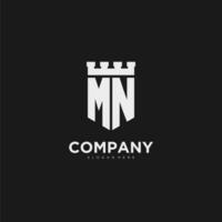 initiales mn logo monogramme avec bouclier et forteresse conception vecteur