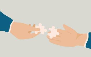 deux Humain mains relier deux les pièces de scie sauteuse puzzle ensemble. illustration de innovation, création et affaires solutions ou idée. concept de équipe esprit, travail en équipe et collaboration. vecteur Stock