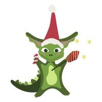 vert dragon dans une Père Noël chapeau avec feux d'artifice et bonbons canne. Noël dinosaure, chinois Nouveau année 2024 vecteur