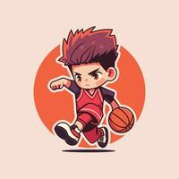 mignonne garçon en jouant basketball dessin animé vecteur illustration