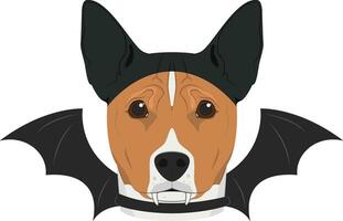 Halloween salutation carte. basenji chien habillé comme une chauve souris avec noir oreilles et ailes vecteur