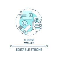 2d modifiable choisir portefeuille mince ligne icône concept, isolé vecteur, bleu illustration représentant numérique monnaie. vecteur