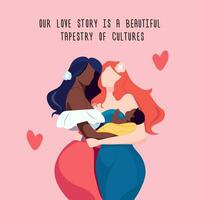 lgbt carte postale, les filles lesbienne couple en portant bébé. racial égalité, peau couleur, différence vecteur