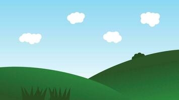 scène de dessin animé de paysage avec des collines verdoyantes et un nuage blanc sur fond de ciel bleu d'été vecteur