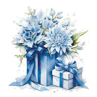aquarelle dessin, cadeau boîte avec rubans et fleurs dans bleu. bébé garçon vecteur