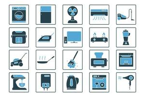 Accueil appareil icône ensemble. icône en relation à Ménage appareil. contenant la lessive machine, réfrigérateur, ventilateur, vide nettoyeur, la télé et plus. solide icône style conception. Facile vecteur conception modifiable