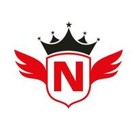 lettre n transport logo avec aile, bouclier et couronne icône. aile logo sur bouclier symbole vecteur