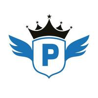 lettre p transport logo avec aile, bouclier et couronne icône. aile logo sur bouclier symbole vecteur