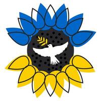 le blanc Colombe de paix est entouré par tournesol pétales dans le nationale couleurs de le drapeau de Ukraine sur une noir Contexte. vecteur. vecteur