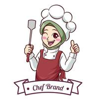 illustration mignonne musulman femelle chef portant une hijab donnant les pouces en haut et en portant spatule vecteur