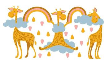 girafe avec arc-en-ciel. fantaisie impression pour des gamins des produits. vecteur