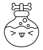 vecteur noir et blanc kawaii bouteille avec la magie potion. mignonne souriant Halloween ligne personnage pour enfants. marrant l'automne effrayant la sorcellerie élément illustration. Samhain fête icône ou coloration page