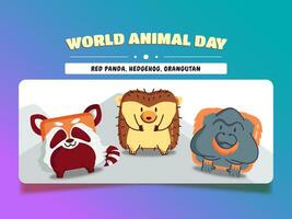 monde animal jour, carré animal dessin animé ensemble rouge Panda, hérisson, et orang-outan. vecteur