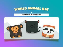 monde animal jour, carré animal dessin animé ensemble chimpanzé, panthère, et paresseux. vecteur