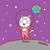 Couper l'astronaute de chat marche dans la lune. illustration de la terre et des étoiles vecteur