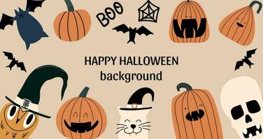 Halloween bannière modèle avec citrouilles, vampire chat, hibou, crâne, chauves-souris. vecteur illustration dans main tiré style.