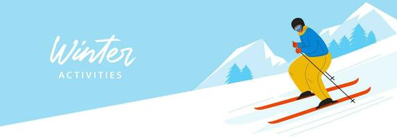 bannière avec skieur monte sur des skis dans Montagne. homme est ski vers le bas colline. hiver Extérieur activités, sport. l'hiver amusement. Montagne paysage vecteur