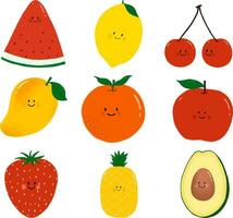 dessin animé des fruits personnages, mignonne style, des fruits collection, vecteur nourriture illustration, content des fruits
