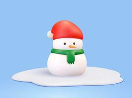 mignonne bonhomme de neige portant Père Noël chapeau et vert silencieux écharpe sur neige. 3d illustration. vecteur