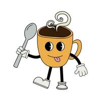 café tasse personnage en portant une cuillère à café, Années 70 dessin animé style vecteur