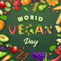monde végétalien journée. fruit et légume texte et ornements, 3d vecteur. adapté pour événements et en bonne santé nourriture vecteur
