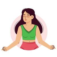 une femme médite dans le lotus position. pilates, yoga et méditation. relaxation et relaxation, interne paix et équilibre, une Jeune fille prend se soucier de sa santé. plat vecteur illustration