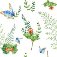 sans couture aquarelle modèle avec chicouté feuilles et baies, fougère, vert branches, bleu papillon. botanique été main tiré illustration. pouvez être utilisé pour cadeau emballage papier vecteur