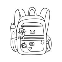 cartable ou sac à dos avec une bouteille de l'eau et jouet main tiré griffonnage illustration noir contour. retour à école thème élément vecteur