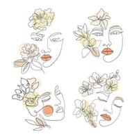 femelle visage ligne art avec sakura, camélia, magnolia fleurs. asiatique femme tiré continu style, ensemble vecteur doublure pour cosmétique affaires