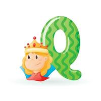 des gamins bannière avec Anglais alphabet lettre q et dessin animé image de mignonne fille reine avec or couronne et précieux des pierres. vecteur