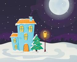 paysage d'hiver de noël de nuit avec la lune et les chutes de neige. une maison confortable avec de la lumière aux fenêtres, jonchée de neige et de congères. vecteur
