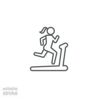 femme fonctionnement sur tapis roulant icône. Facile contour style. courir, femme, Gym équipement, aptitude, exercice machine, sport concept. mince ligne symbole. vecteur isolé sur blanc Contexte. modifiable accident vasculaire cérébral svg.