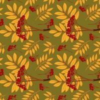 l'automne main tiré framboise sans couture modèle sur sale vert Contexte. isolé plat vecteur Jaune feuilles et rouge baies. Facile dessin animé conception. idéal pour décoration, textile, emballage, Contexte