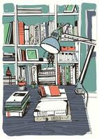 moderne intérieur Accueil bibliothèque, étagères, main tiré coloré esquisser illustration. vecteur