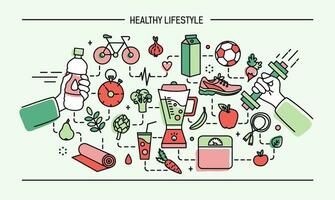 ligne art plat coloré vecteur illustration en bonne santé mode de vie, sport et nourriture objets.