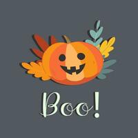 mignonne Halloween vecteur affiche avec jack o lanterne avec feuilles et huer une inscription. Halloween affiche avec Orange citrouille sur le gris Contexte.
