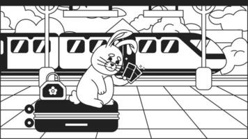 voyageur lapin sur Plate-forme noir et blanc mignonne refroidissement lo Fi fond d'écran. bagage touristique lapin avec train des billets linéaire 2d vecteur dessin animé personnage illustration, monochrome lofi kawaii Contexte