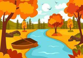 l'automne paysage Contexte vecteur illustration avec montagnes, des champs, des arbres et tomber feuilles dans plat dessin animé Naturel saison panorama modèles