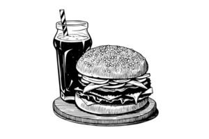 Burger et un soda gravure style art. main tiré vecteur illustration de Hamburger.