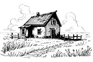 rural paysage avec une ferme dans gravure style. main tiré vecteur illustration