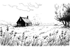 rural paysage avec une ferme dans gravure style. main tiré vecteur illustration