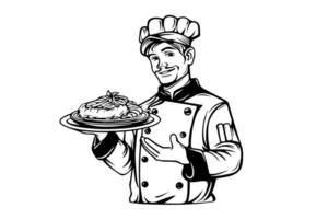 chef dans une chapeau avec Pâtes logotype gravure style vecteur illustration.