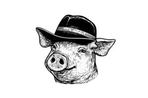 mignonne porc ou porc dans chapeau tête gravure logotype style vecteur illustration.