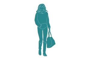 illustration vectorielle de femme à la mode dans ses bottes, style plat avec contour vecteur